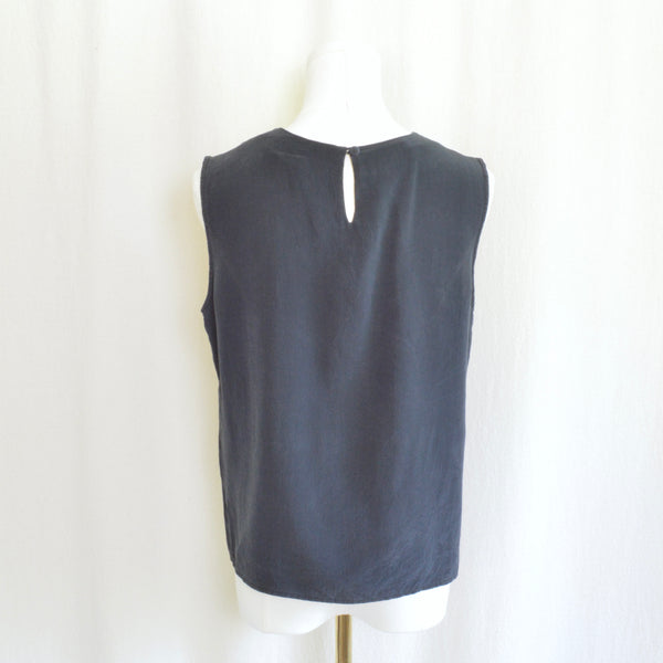 simple boxy cut pure silk black tank with lace collar
