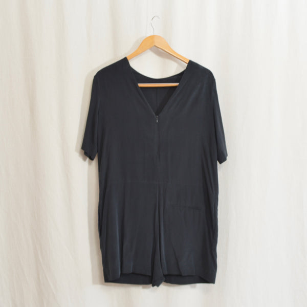 low back boxy black pure silk romper