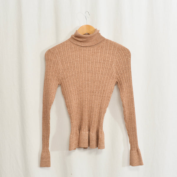 silk blend copper glitter knit turtleneck sweater top