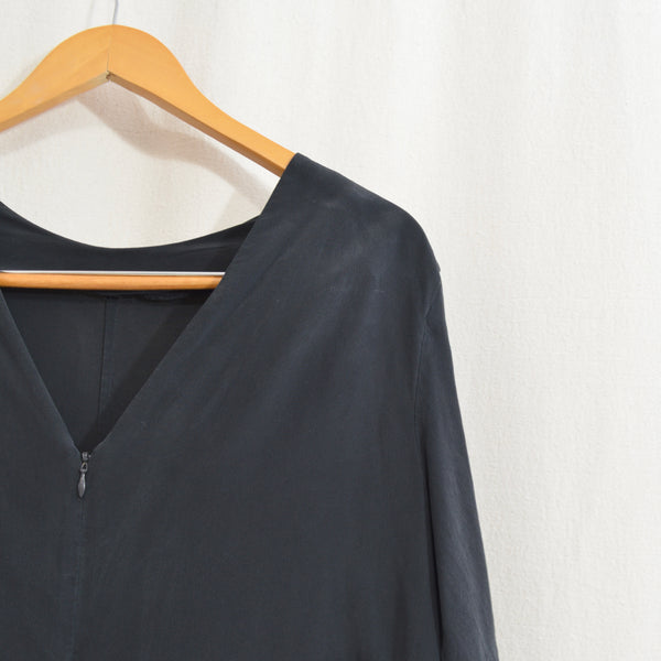 low back boxy black pure silk romper