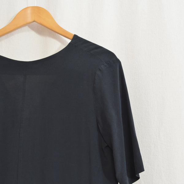 low back boxy black pure silk romper