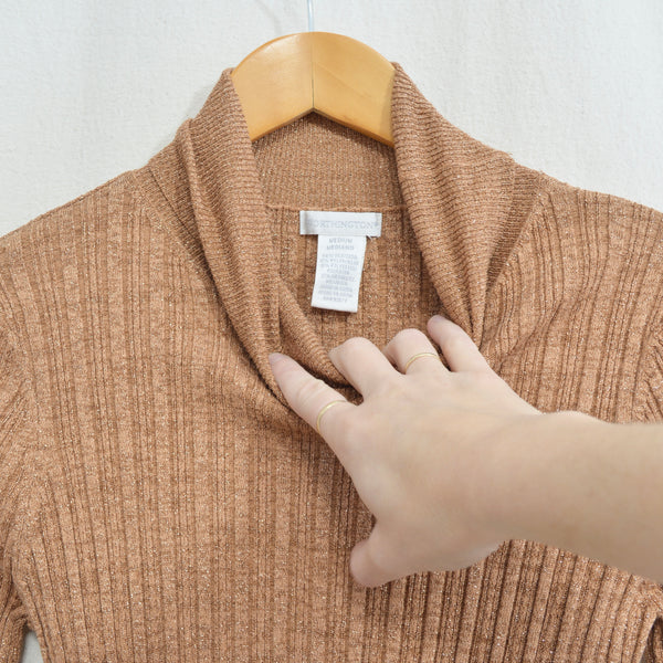 silk blend copper glitter knit turtleneck sweater top
