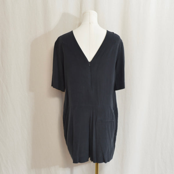 low back boxy black pure silk romper
