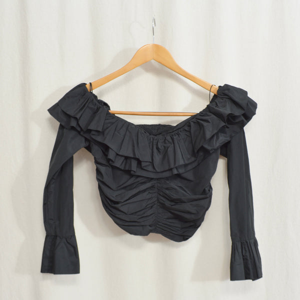 off the shoulder black taffeta crop blouse