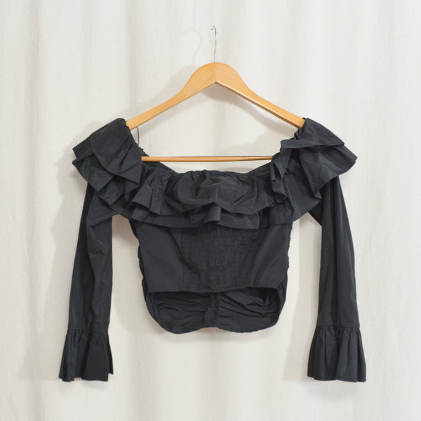 off the shoulder black taffeta crop blouse