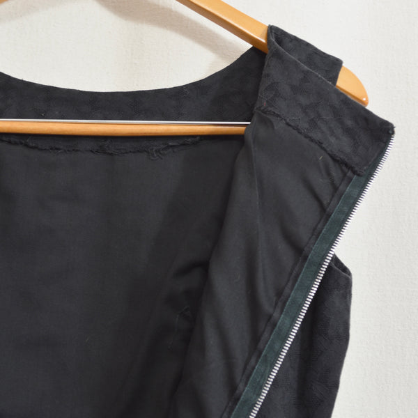 simple black cotton fitted zip up brocade mini dress