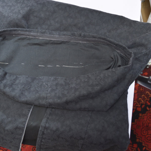 simple black cotton fitted zip up brocade mini dress