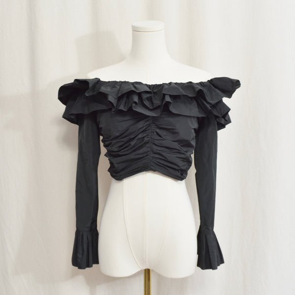 off the shoulder black taffeta crop blouse