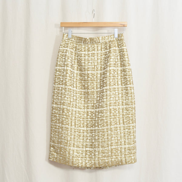 abstract geometrical gold and ivory knee length skirt