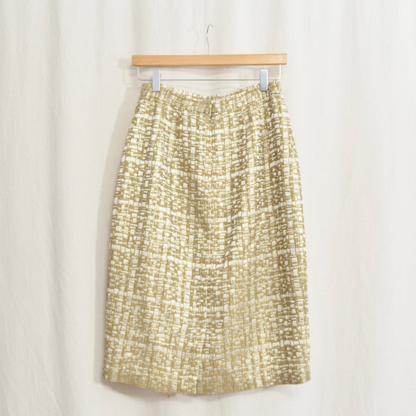 abstract geometrical gold and ivory knee length skirt