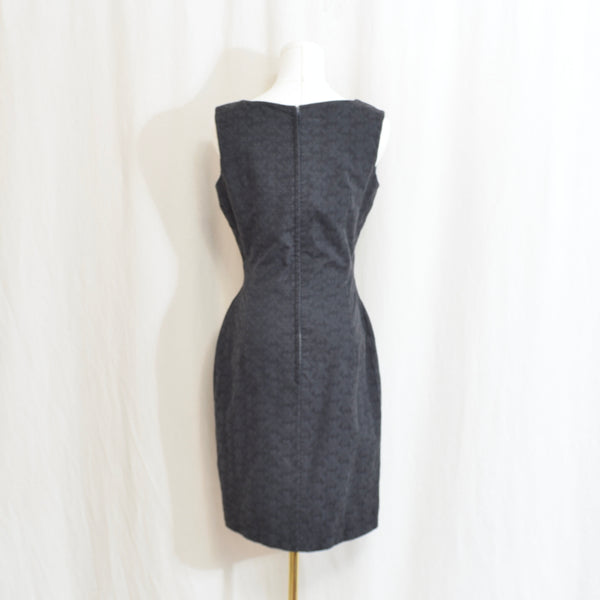 simple black cotton fitted zip up brocade mini dress