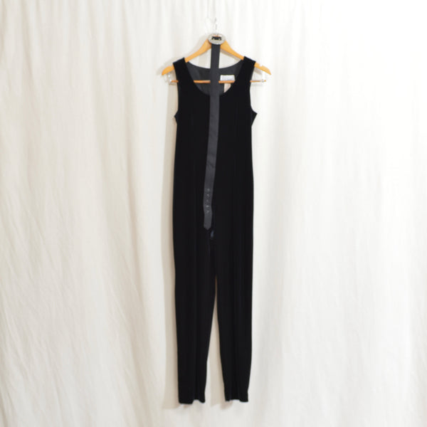 simple black belted velvet tank jumpsuit