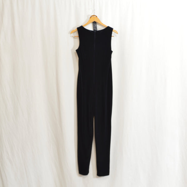 simple black belted velvet tank jumpsuit