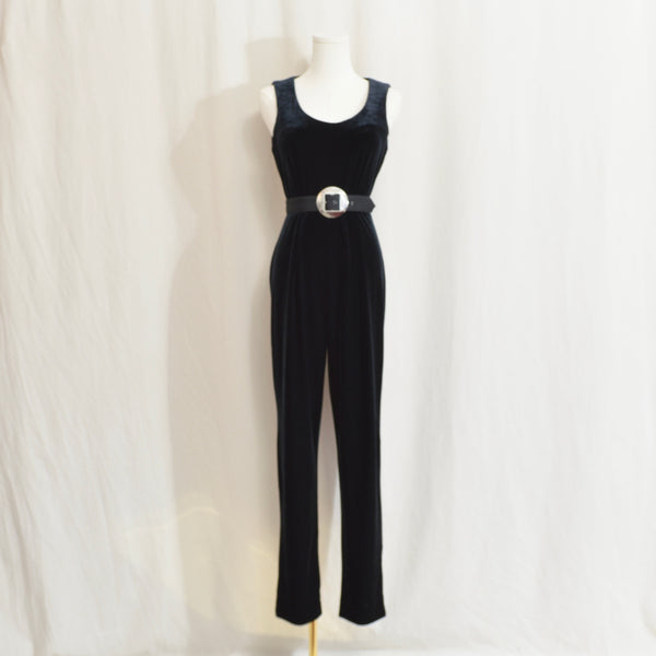 simple black belted velvet tank jumpsuit