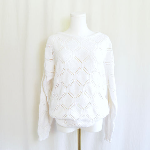pure cotton open crochet knit crew boat neck sweater