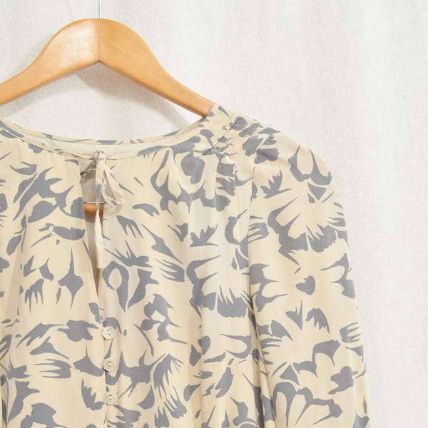 pure silk tie-neck knee length taupe and gray dress