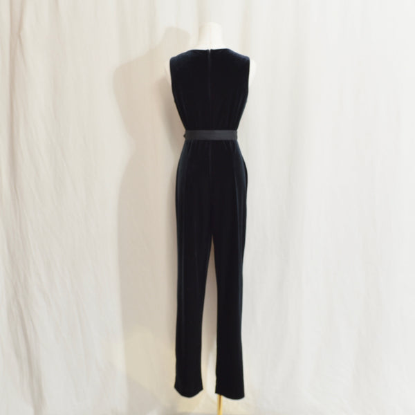 simple black belted velvet tank jumpsuit