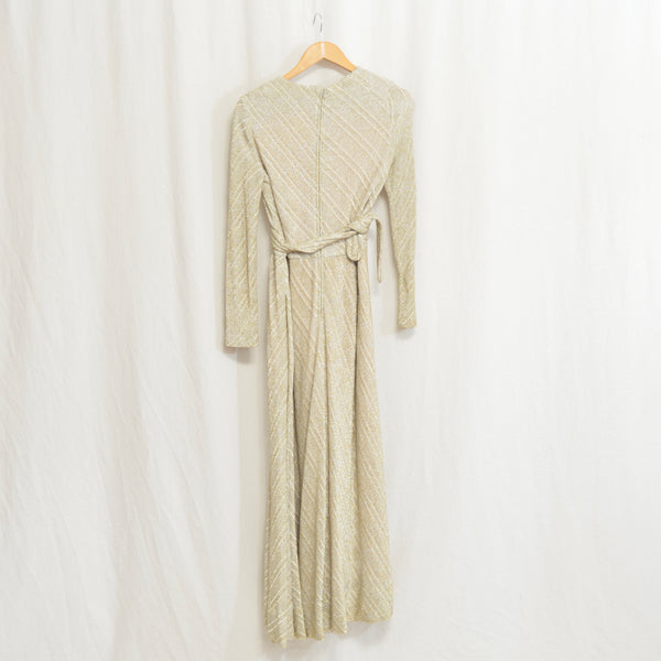 gold sparkle knit belted long sleeve midi dress