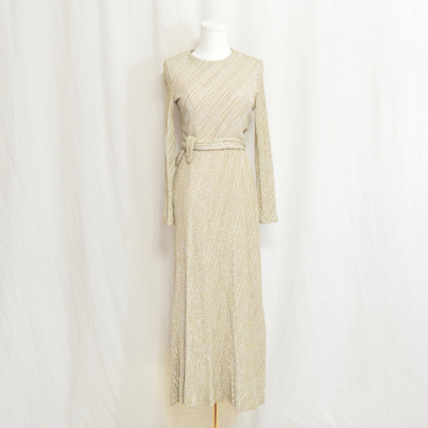 gold sparkle knit belted long sleeve midi dress
