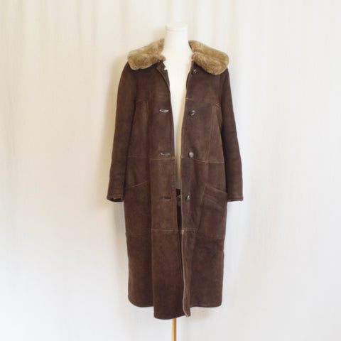 super warm simple mid length sheepskin and suede overcoat with fur collar