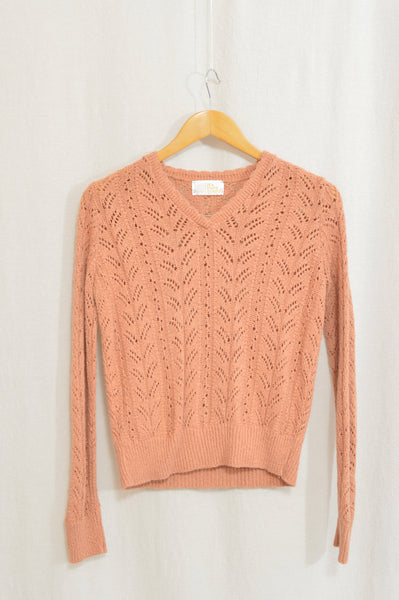“pure gould” open knit dusty rose v-neck cropped sweater