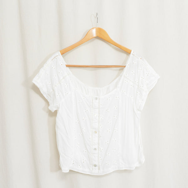 white vintage eyelet off the shoulder button down crop blouse