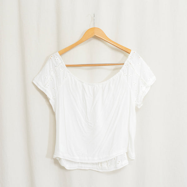 white vintage eyelet off the shoulder button down crop blouse