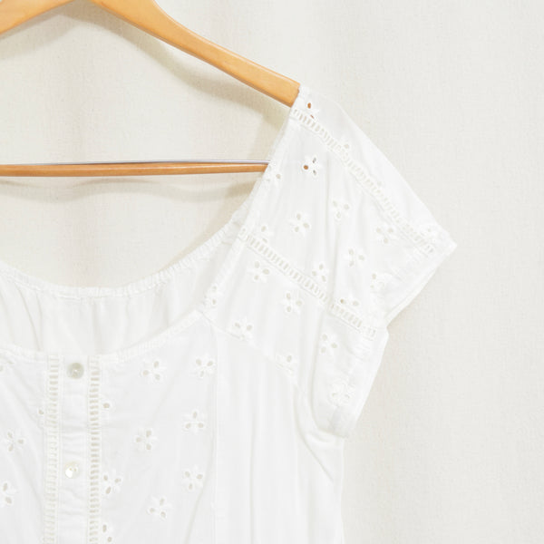 white vintage eyelet off the shoulder button down crop blouse