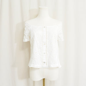 white vintage eyelet off the shoulder button down crop blouse