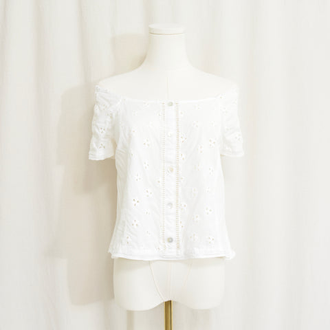 white vintage eyelet off the shoulder button down crop blouse