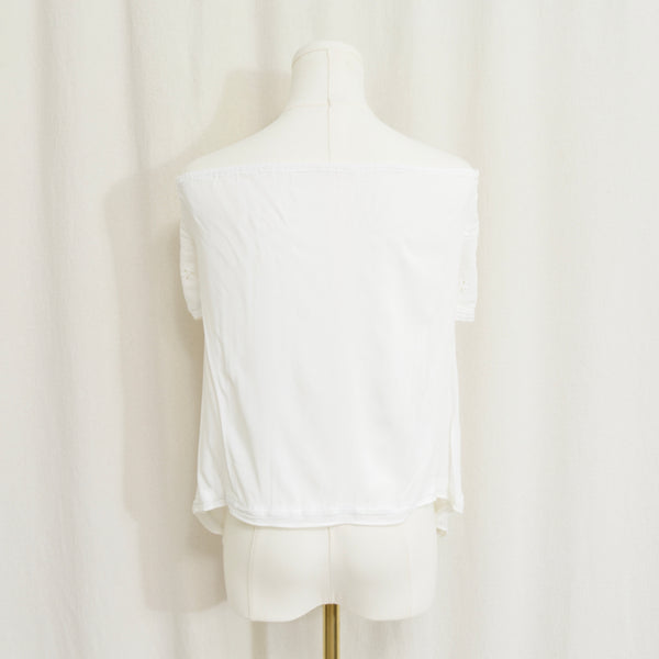 white vintage eyelet off the shoulder button down crop blouse