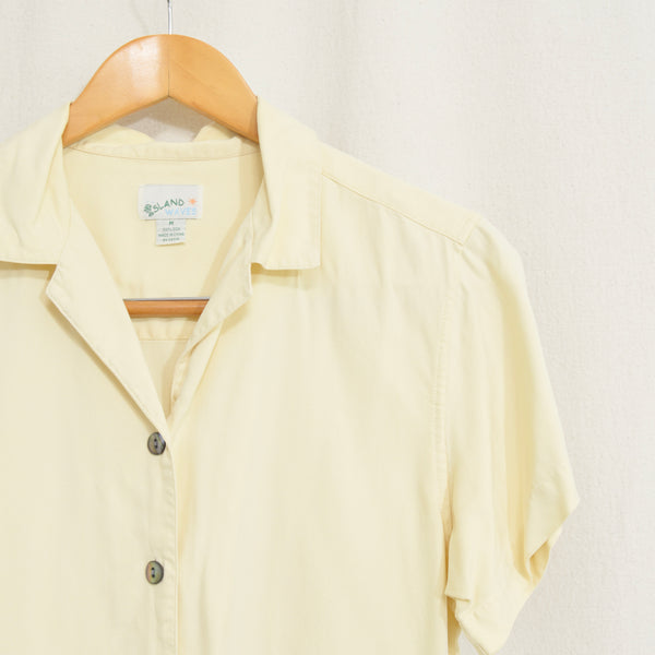 simple buttercream yellow button down short sleeve silk blouse