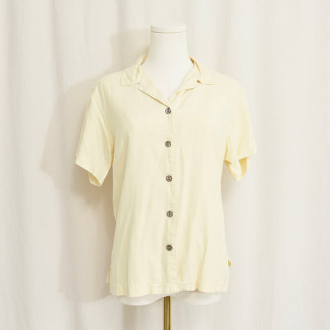 simple buttercream yellow button down short sleeve silk blouse