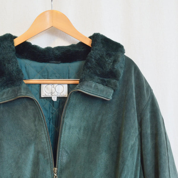 evergreen suede chore coat with sheepskin collar and cuffs