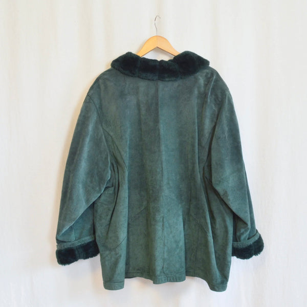 evergreen suede chore coat with sheepskin collar and cuffs