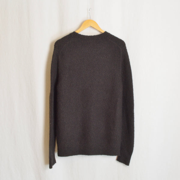 dark brown thick textured cotton and wool blend crew neck