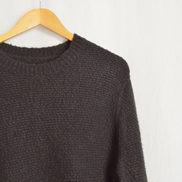 dark brown thick textured cotton and wool blend crew neck