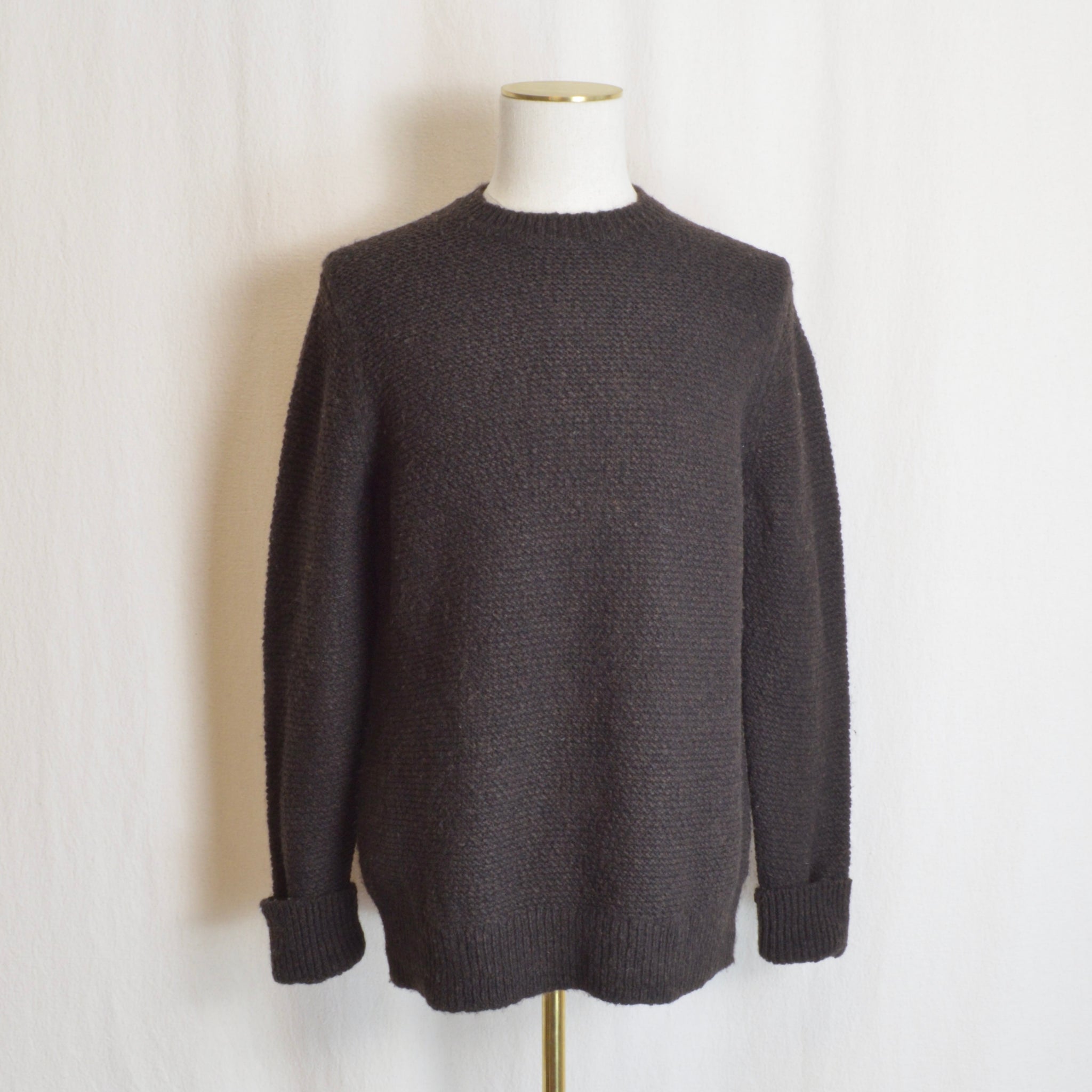 dark brown thick textured cotton and wool blend crew neck