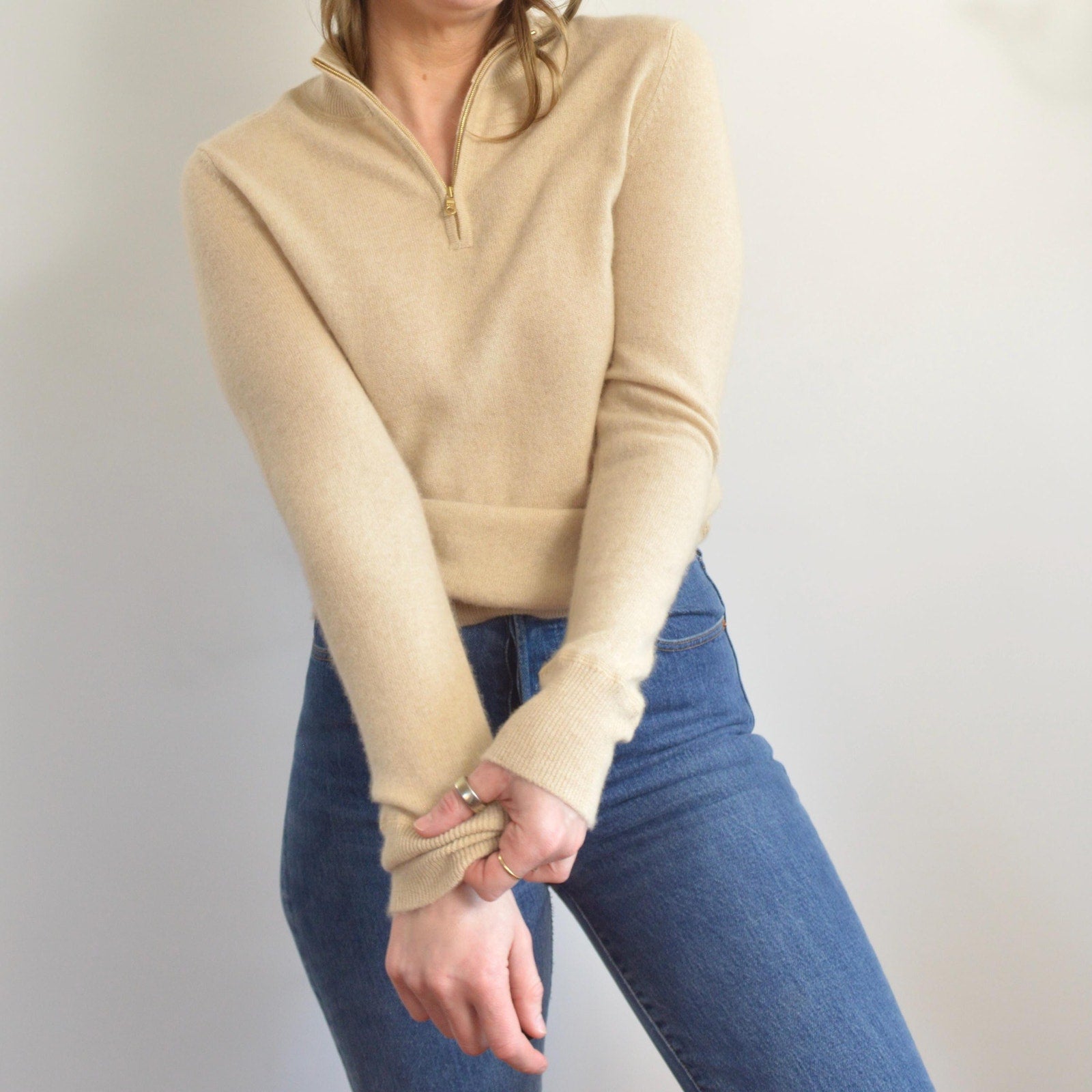 perfect oatmeal cashmere half zip sweater