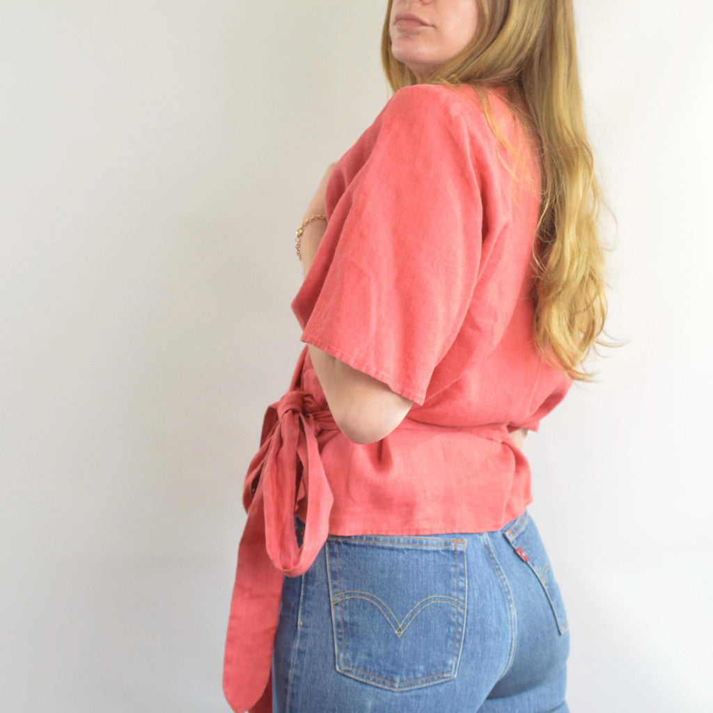 red 100% linen wrap top