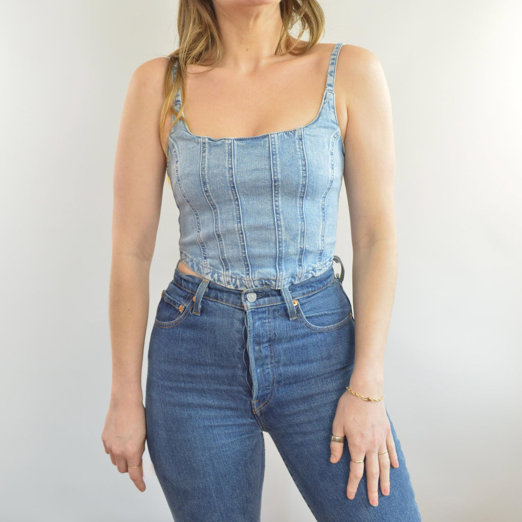 medium wash denim bustier tank with adjustable straps