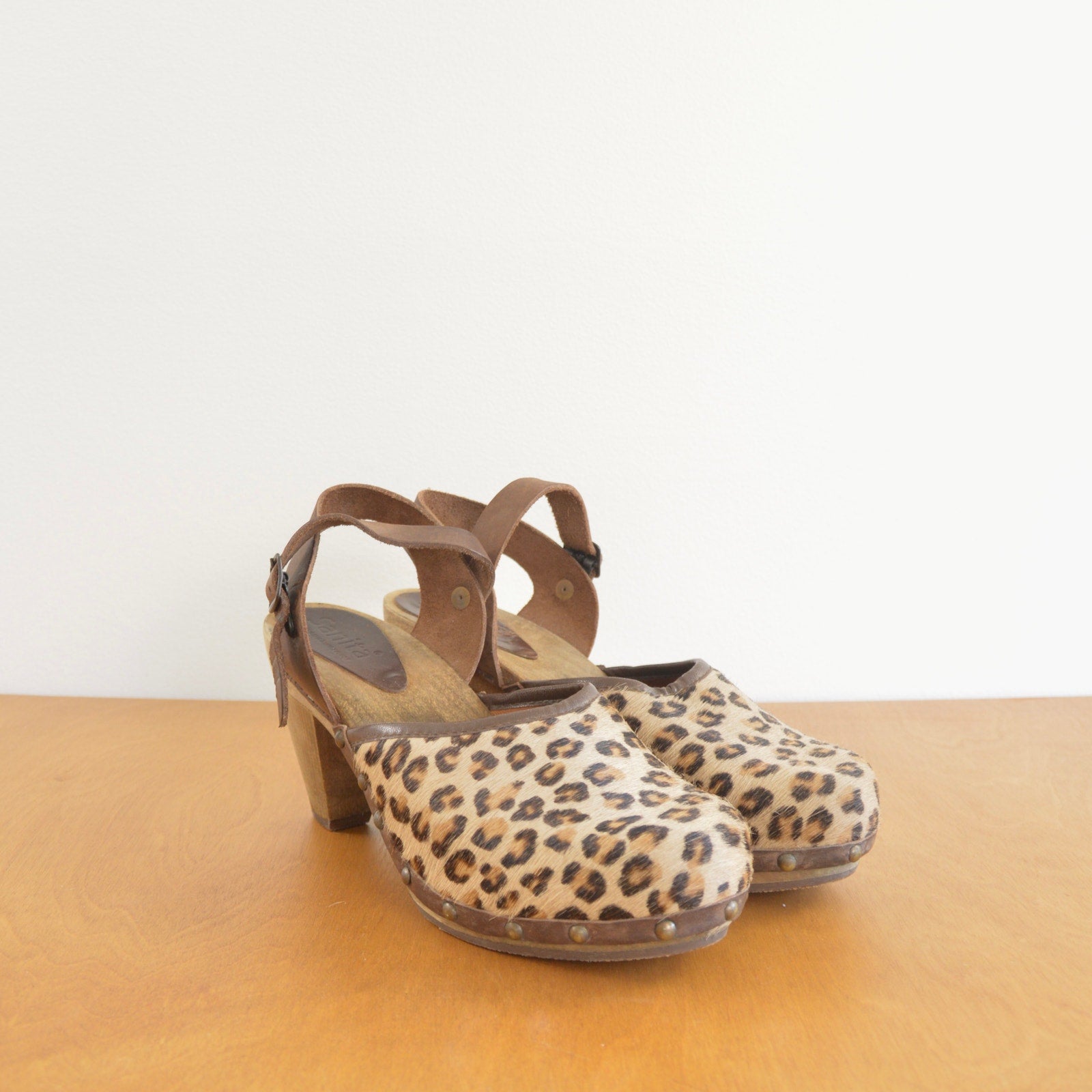 cheetah print calf hair sanita clogs