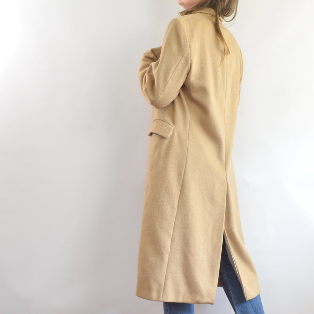 lux camel tan long wool/cashmere blend overcoat
