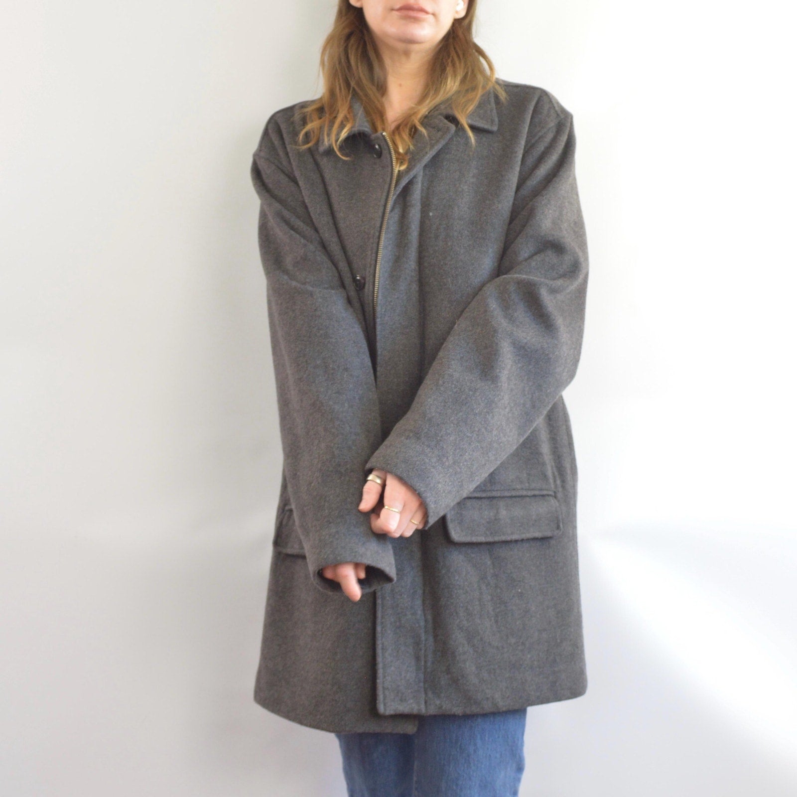 charcoal gray wool and cashmere blend mid length winter coat