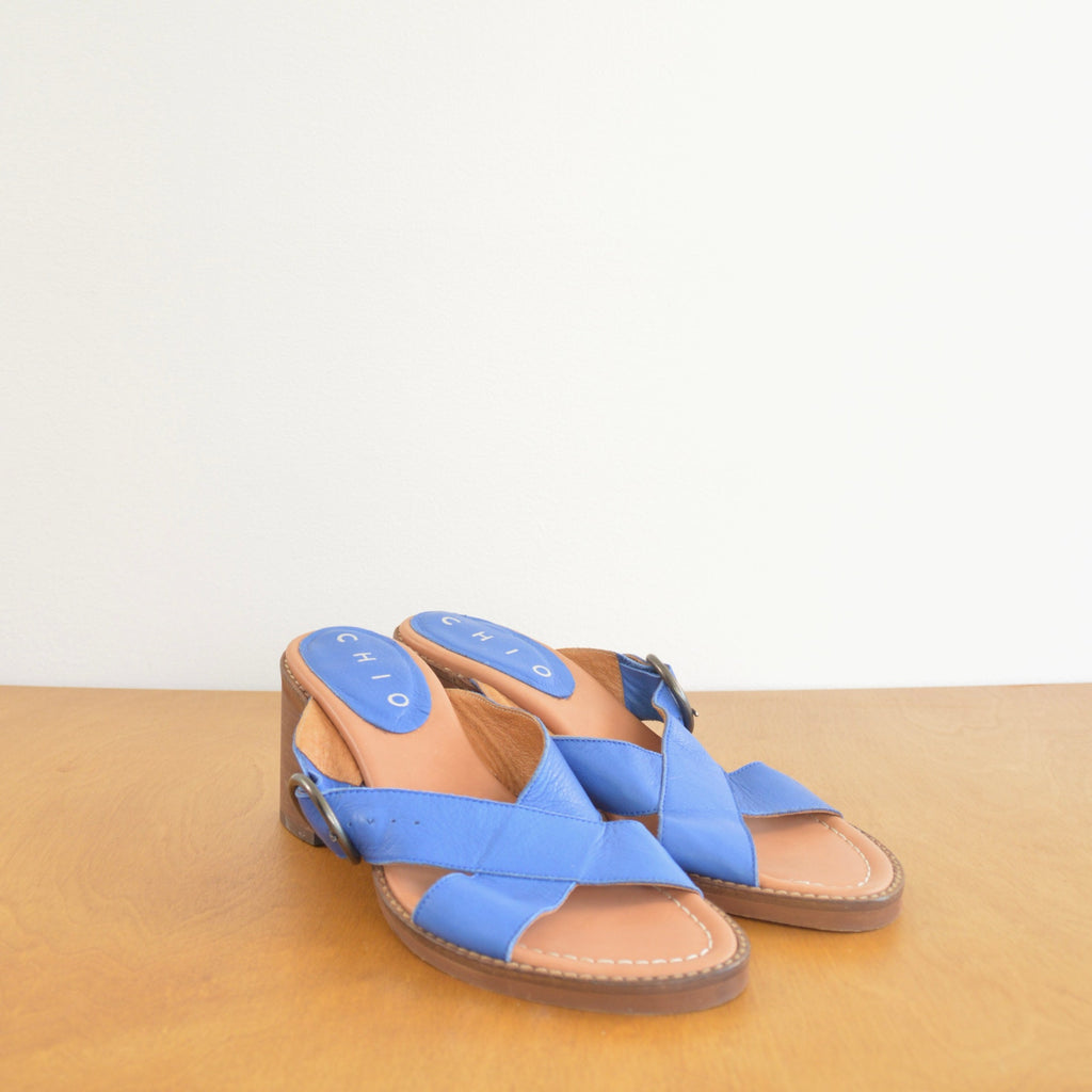blue leather cross over block heels