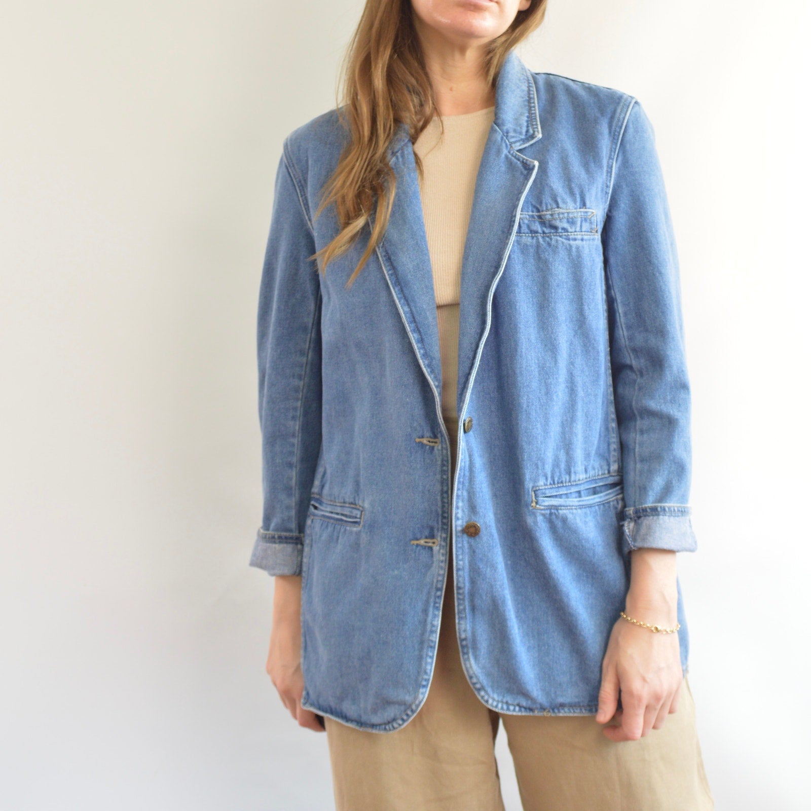 100% cotton vintage mid wash denim blazer jacket