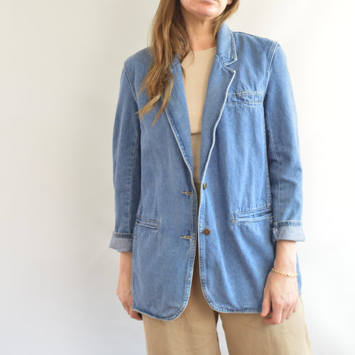 100% cotton vintage mid wash denim blazer jacket