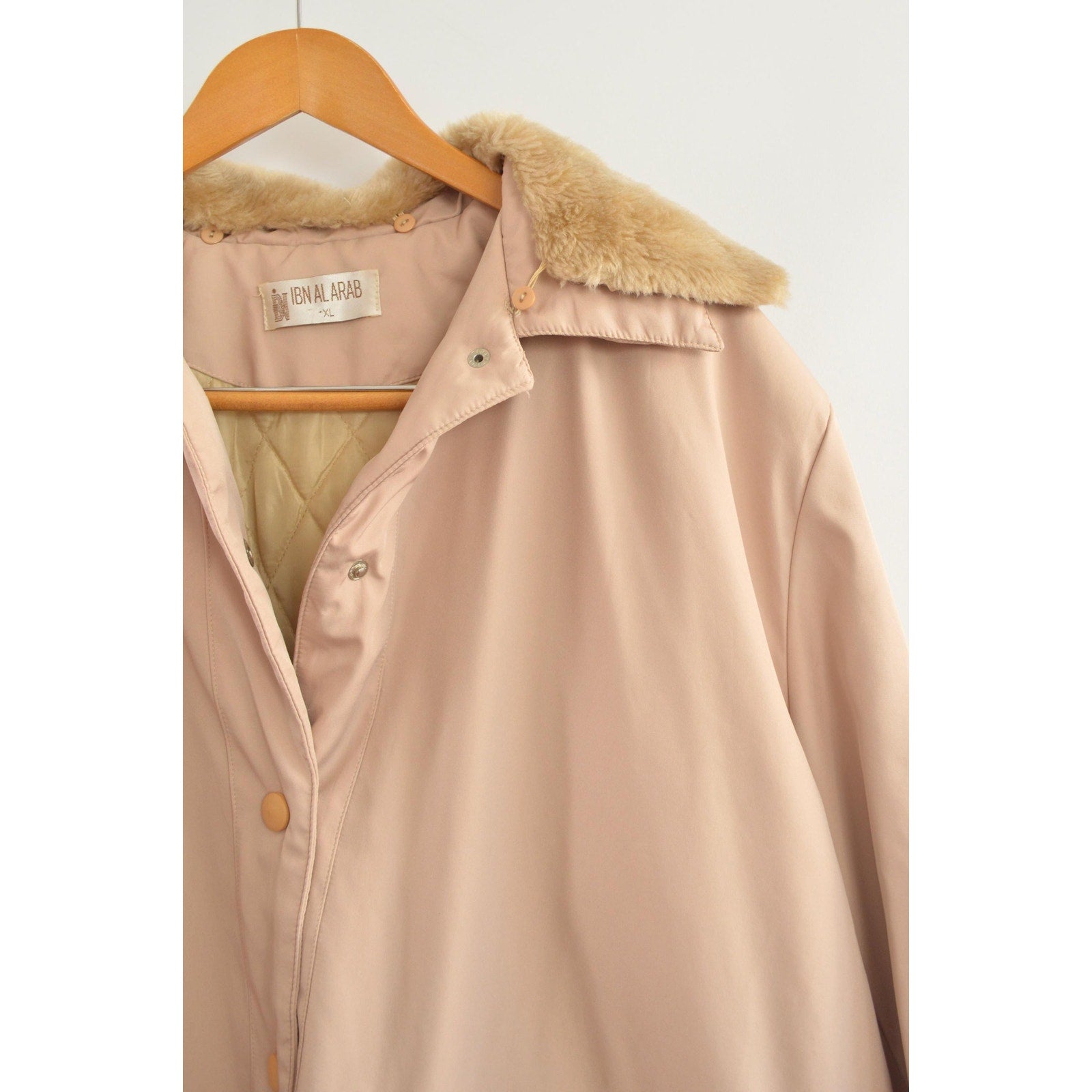 blush and tan cotton blend quilted insulated parka with removable faux fur collar