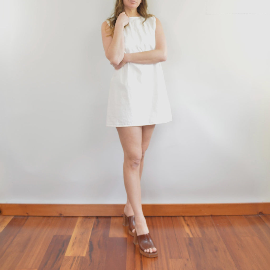 thick structured white denim mini dress