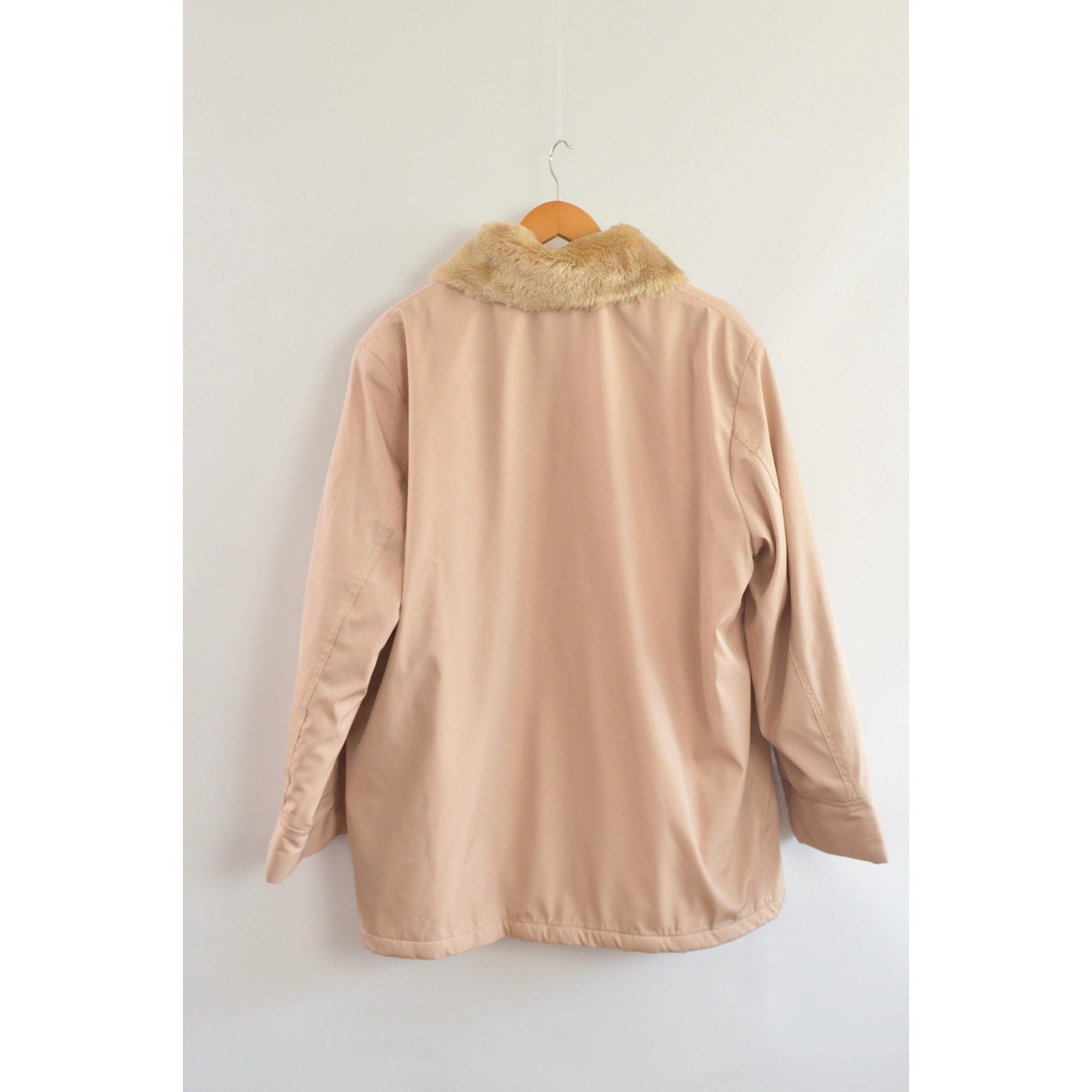 blush and tan cotton blend quilted insulated parka with removable faux fur collar